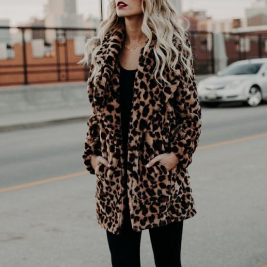 Luxury Women Long Sleeve Lapel Collar Print Woolen Leopard Thick Warm Midi Coat