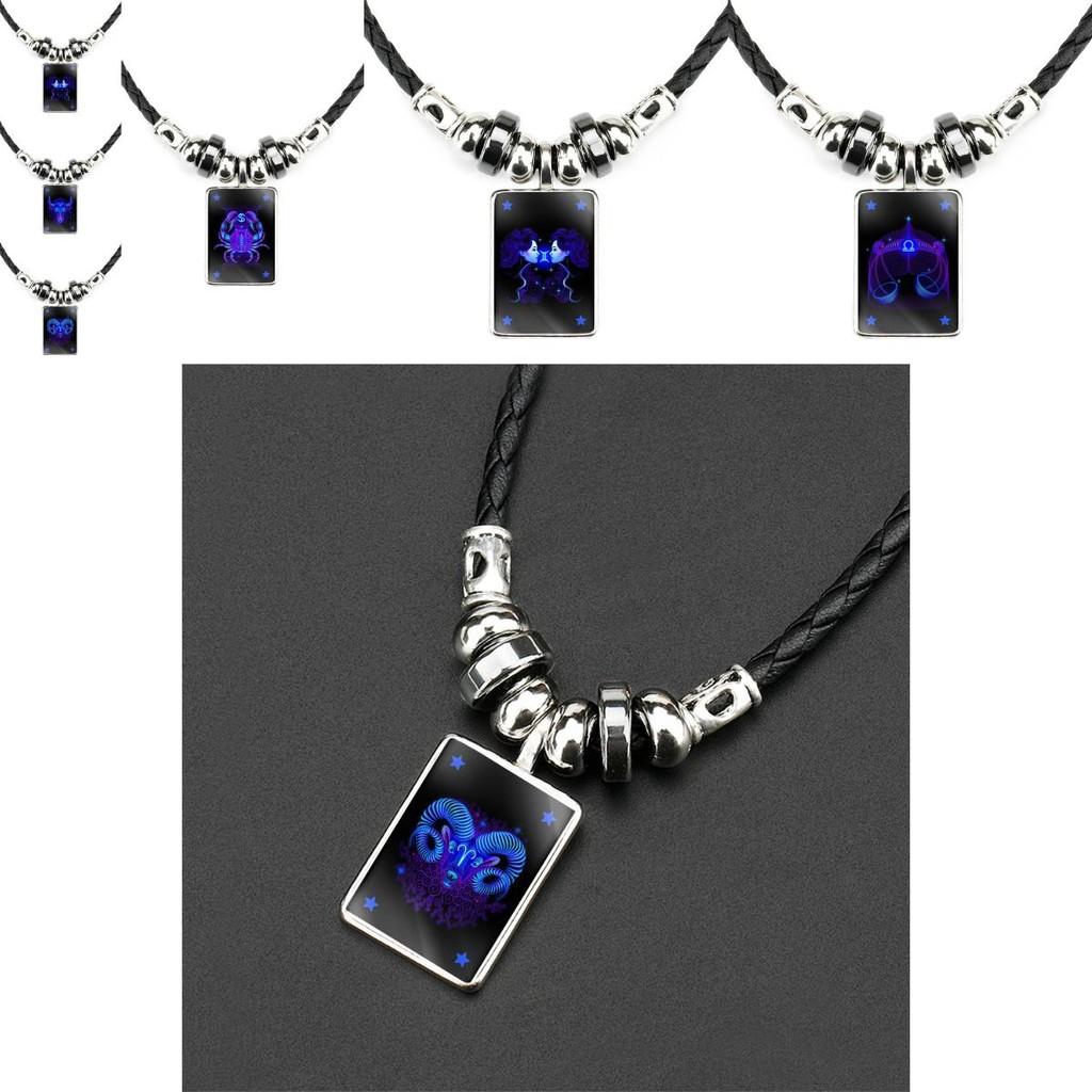 Unique Geometric Shape Zodiac Sign Pendant On Black Leather Rope Necklace