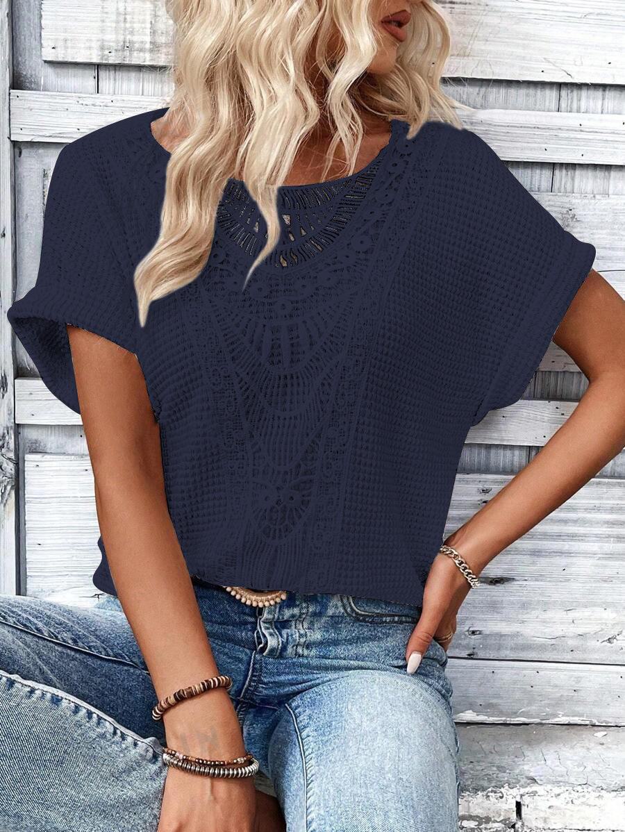 

Женская футболка с коротким рукавом из кружевной ткани в европейском и американском стиле весна/лето 2025 г. 5XL темно-синий