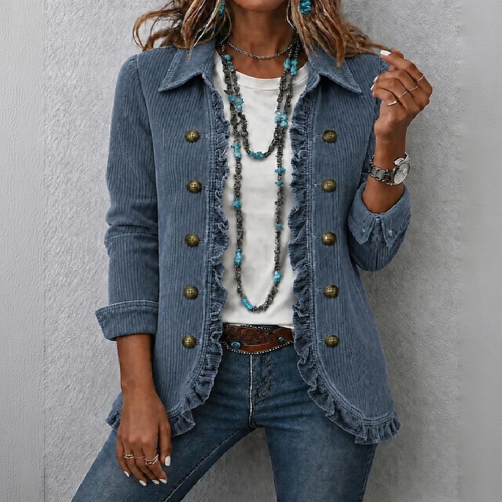 Damen Kord Kürzjacke mit Rüschensaum, Reverskragen und doppelreihigem Design