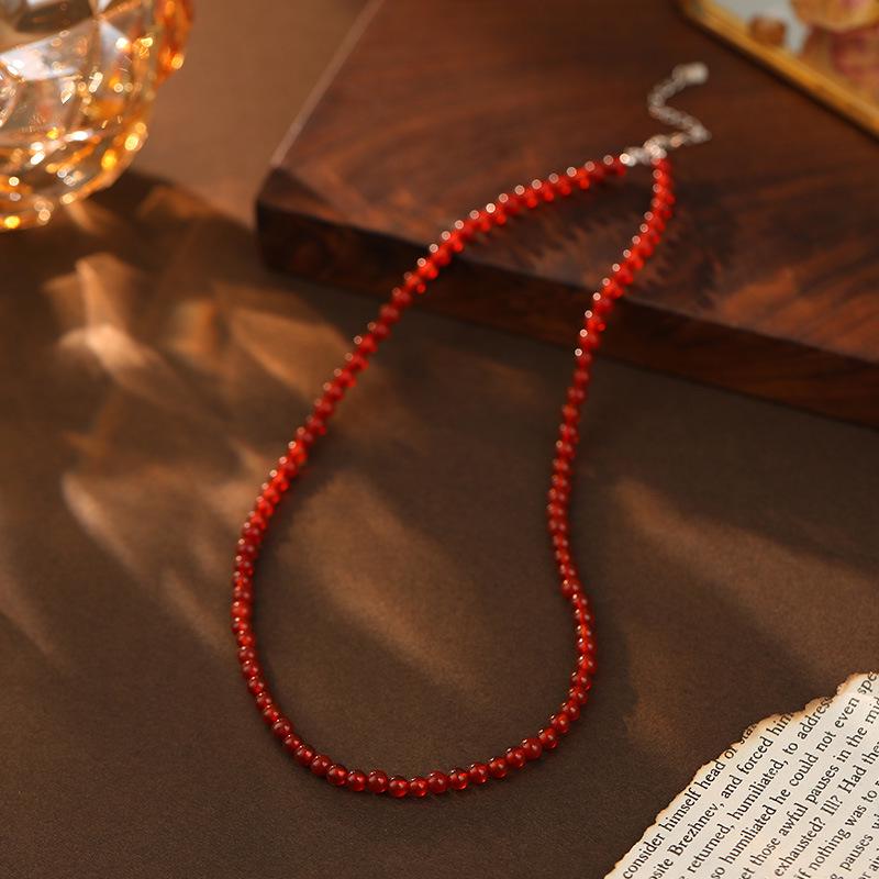 Banyan Baum Roter Achat Perlenkette S925 Silber - Handgefertigte Retro Schlüsselbeinkette für Damen.