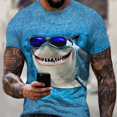 Funny Shark 3D Graphic Print Men's Novelty Short Sleeve Crew Neck T-shirt, Summer Beach Party