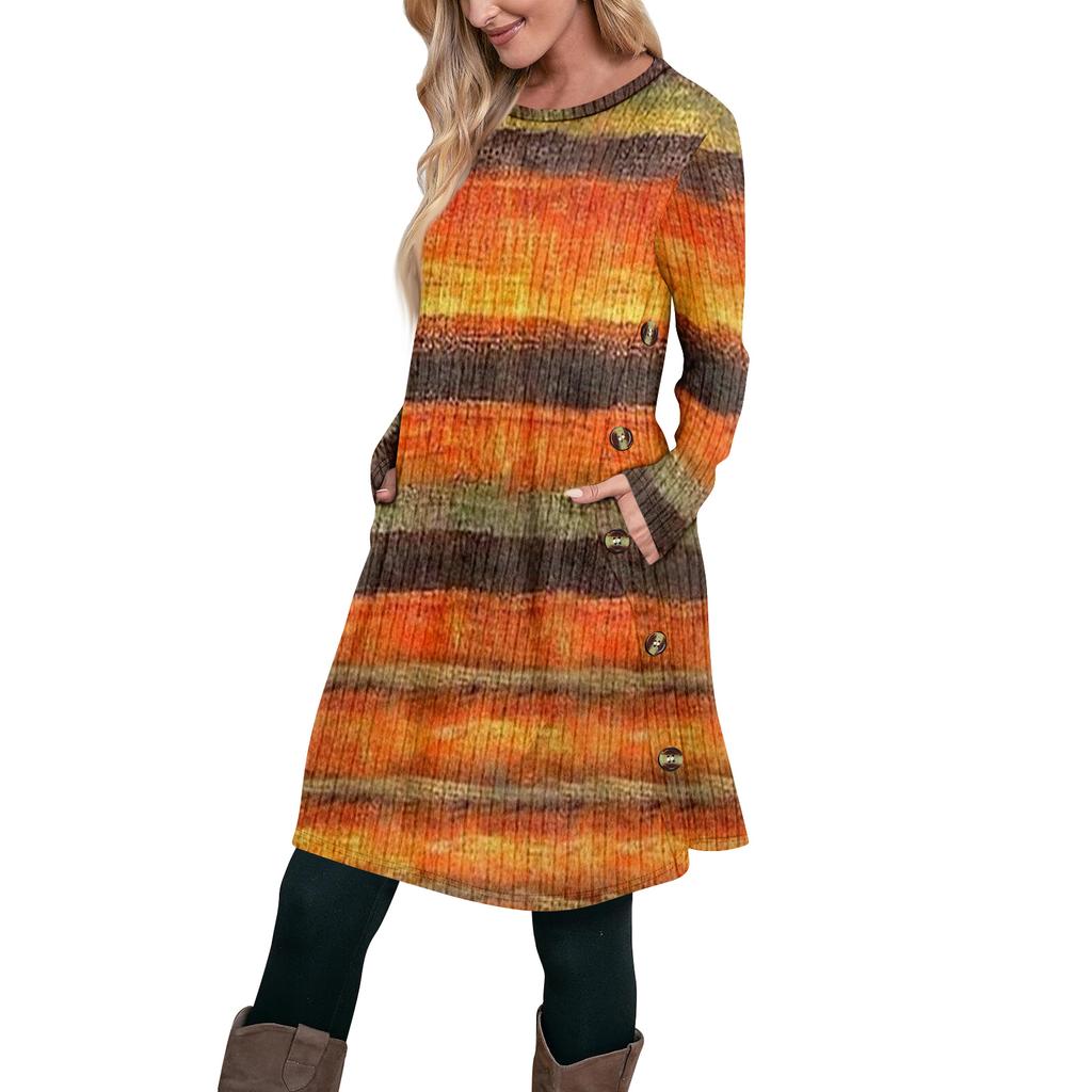 Women's Fashion Casual Long SleeveTunic Dress With Pockets Side Button Dress