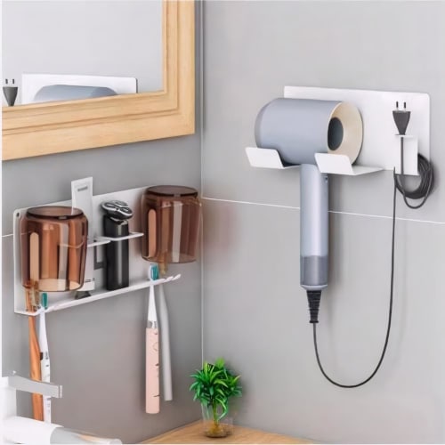 KAIXUANMAN Hair Dryer Holder, Magnetic, Wall-Mounted Hair Dryer Stand with Hooks, Aluminum, Bathroom Storage, White