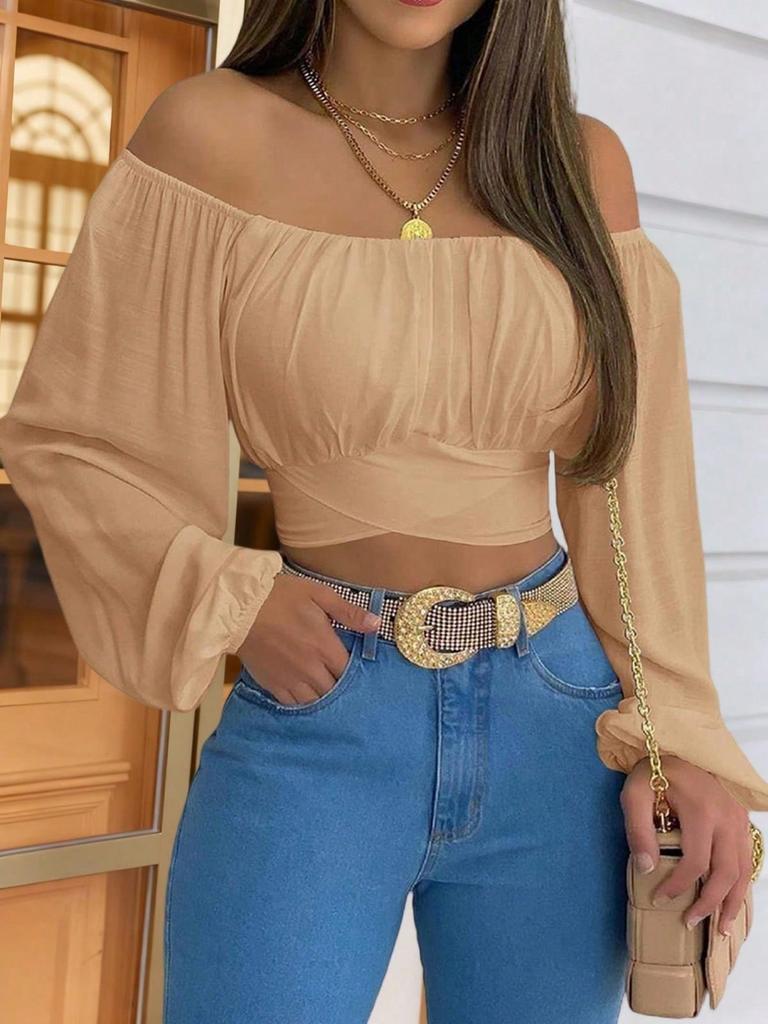 Damen schulterfrei gerafft gebundenes Crop-Top Laternenärmel Boho Sommerbluse