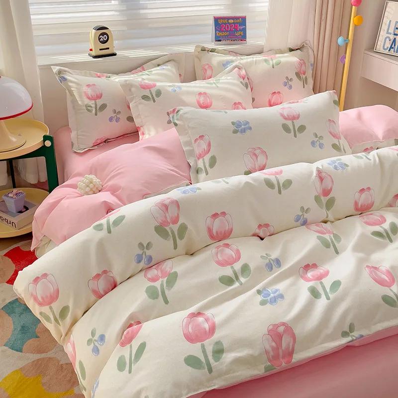100% Cotton Bedding Set, Four Piece Sheet Set Comfort Set Girly Fresh Style Couple Bed Comforter Set