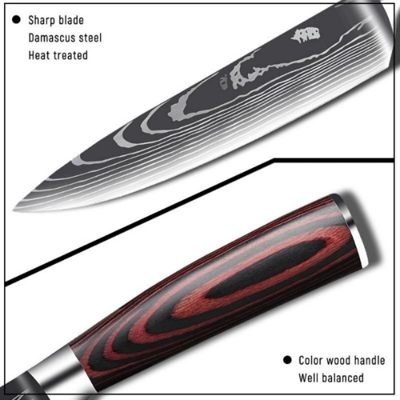Kitchen Fruit Knife Set 3pcs Damascus Steel Pattern Knives Sets Cleaver Paring Santoku Slicing Utility Knife