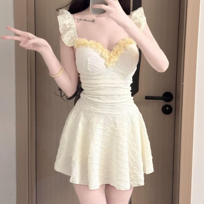 

One-piece Swimsuit Women s High-quality Rice White Boxer Skirt Style Belly-covering Thin Chest Gathered Conservative M покинуть белый