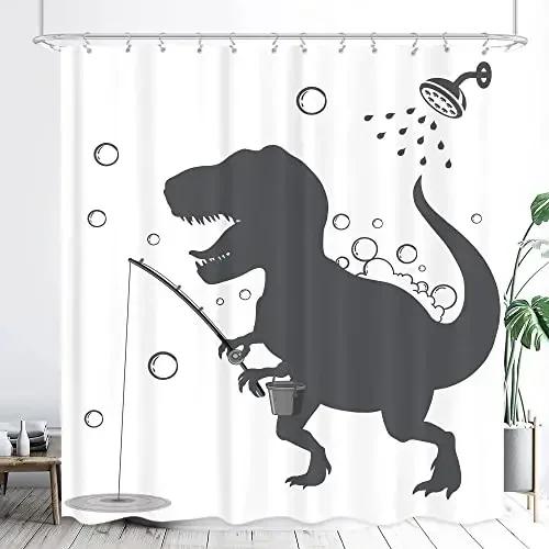 Dinozaur Śmieszny Dino Dzieci Zasłony Prysznicowe Zestaw Łazienkowy Chłopcy Zwierzę Cień Dziewczynki Kreskówka Sylwetka Czarno-Biała Sztuka Dekoracja Łazienki