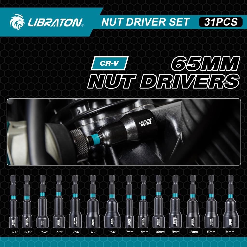 LIBRATON Zestaw bitów nasadowych 31 sztuk Nasadka udarowa Nasadka do wkrętarki udarowej Zestaw nasadek Nasadka z bitem sześciokątnym Długa nasadka Trzpień sześciokątny 6,35 mm
