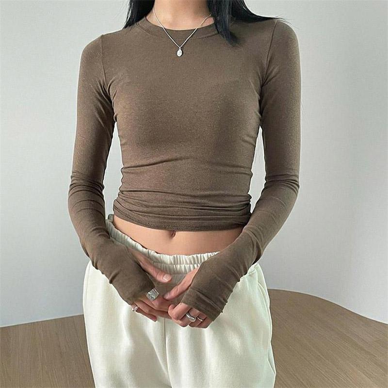 Women Casual Slim Fit Long Sleeve O-Neck T-shirts Tops Spring Fall Solid Color Tees with Thumb Holes Streetwear