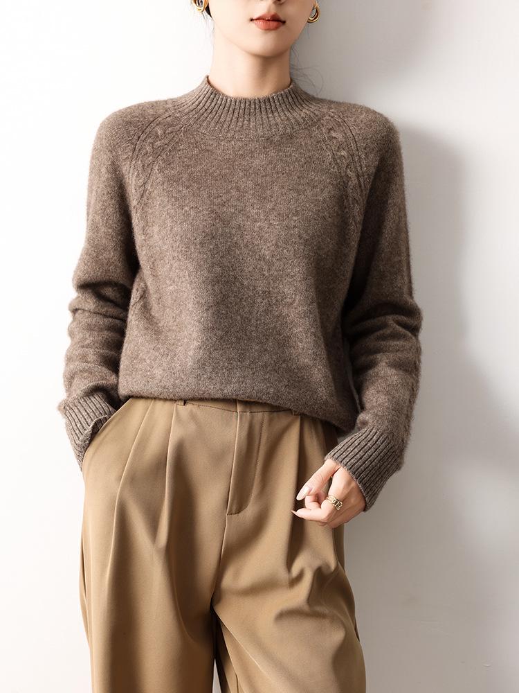 Women's Yak Wool Cable Knit Sweater, Autumn 2026, Half-High Neck, Elegant Style, Solid Color, Thick Pullover Sweater