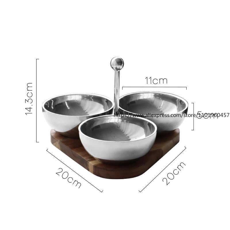 Creative Snack Bowl Electroplated Color Acacia Solid Wood Base With Handle Triangular Stainless Steel Nut Snack Bowl