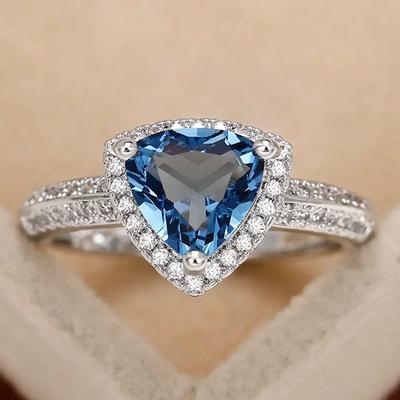Gift Ring Women'S Wedding Trend Love Jewelry, Triangular Geometry Blue Cubic Zirconia Gorgeous Anniversary Party Jewelry