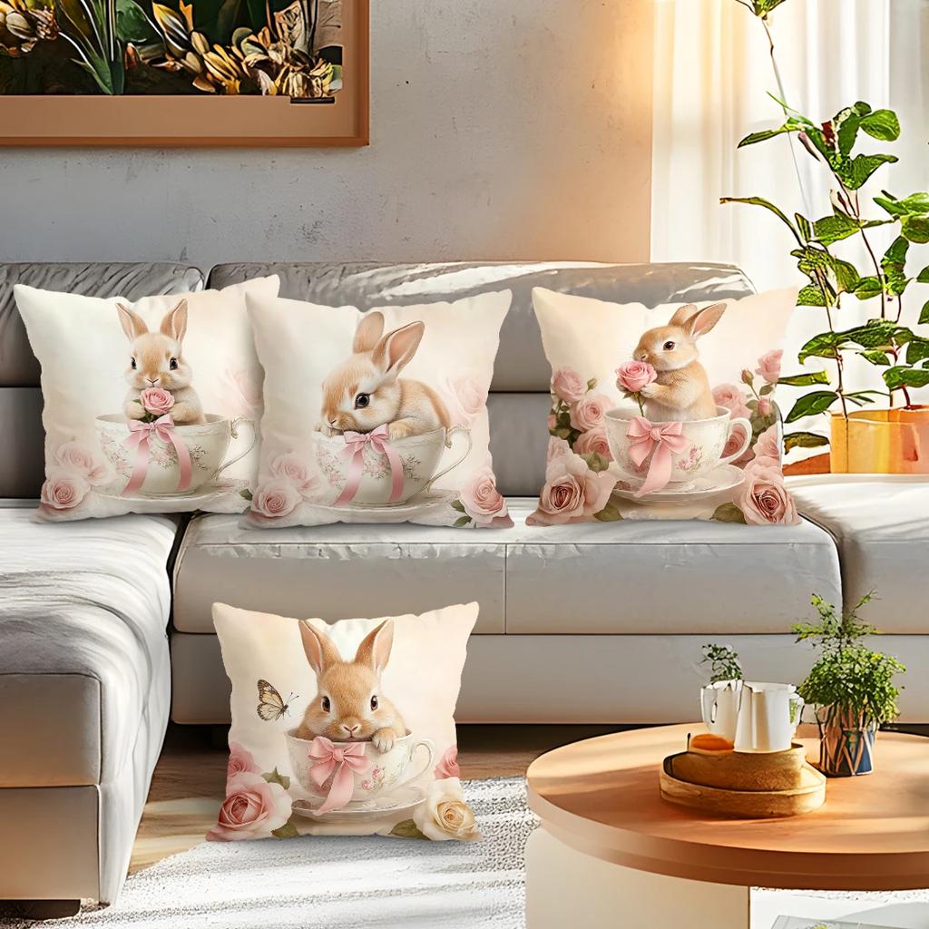 4 Pcs Rabbit Decoration Single-Sided Printed Pillowcase Cushion Cover,Suitable For Living Room,Bedroom,Car Decoration