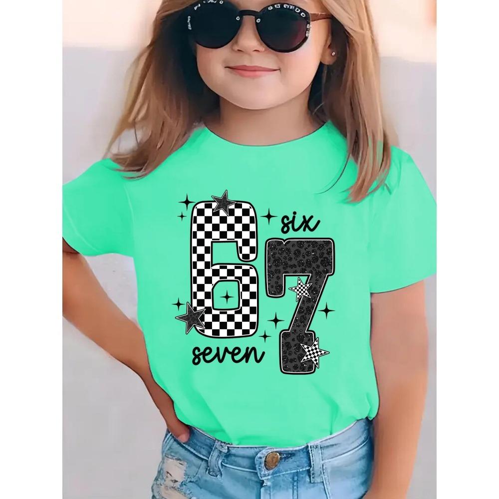 Tricou Fete cu Imprimeu Număr 67 Mânecă Scurtă Gât Rotund Top Casual Tricouri Vară Confortabil Modă Îmbrăcăminte Copii