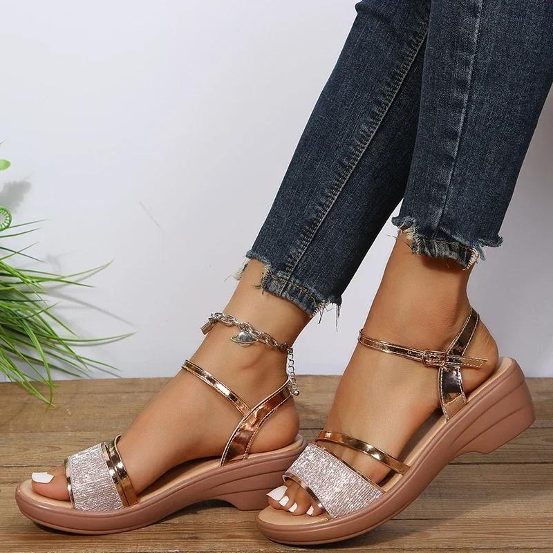 2024 Wedges Sandals for Women 4.5cm Heels Golden Platform Women's Sandals Summer Shoes Chaussures Femme Sandales Size 43 Slides