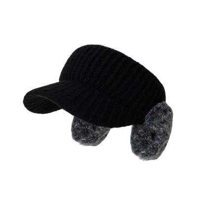 [Withmoons] Winter Hat, Fluffy Earflap Knit Sun Visor, Warm, JDV1387 (Black)