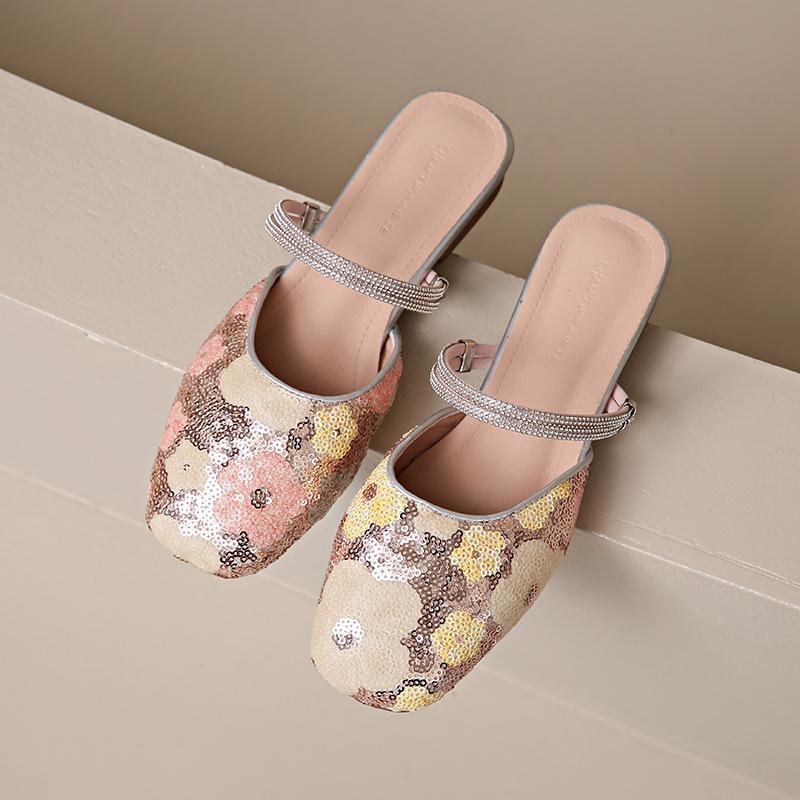 

Туфли-баотоу женские 2025 новые на среднем каблуке с квадратным носком летняя обувь в китайском стиле повседневные шлепанцы женские 40 розовый