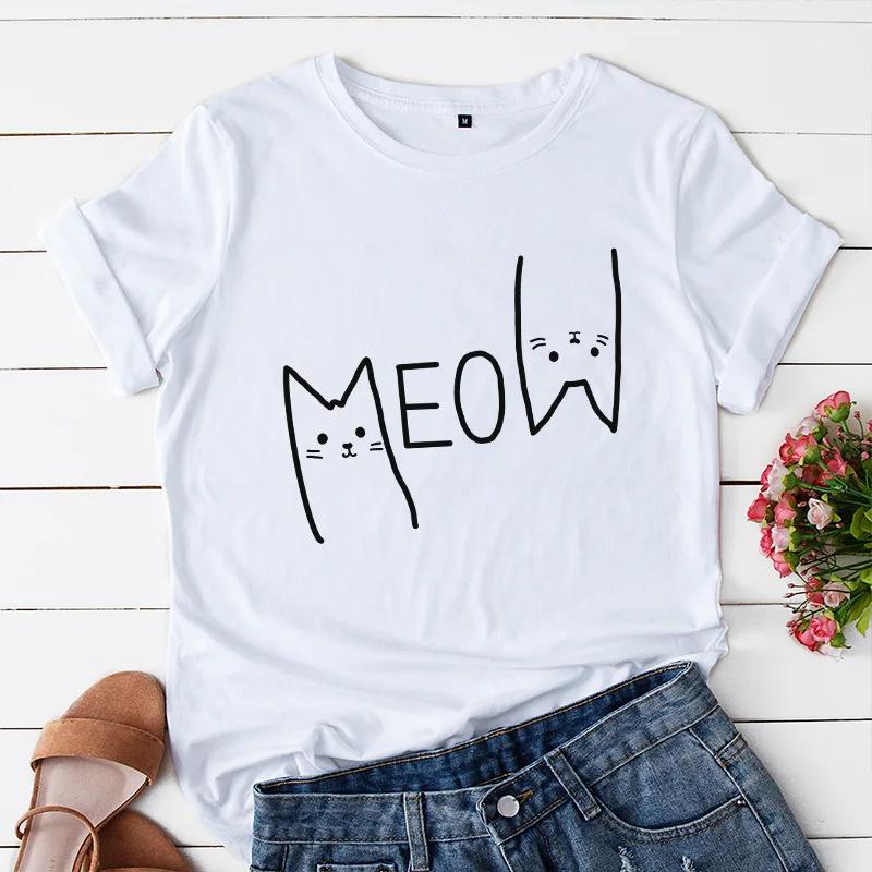 Meow Cat Print T Shirt Women Short Sleeve O Neck Loose Tshirt Summer Women Tee Shirt Tops Camisetas Mujer
