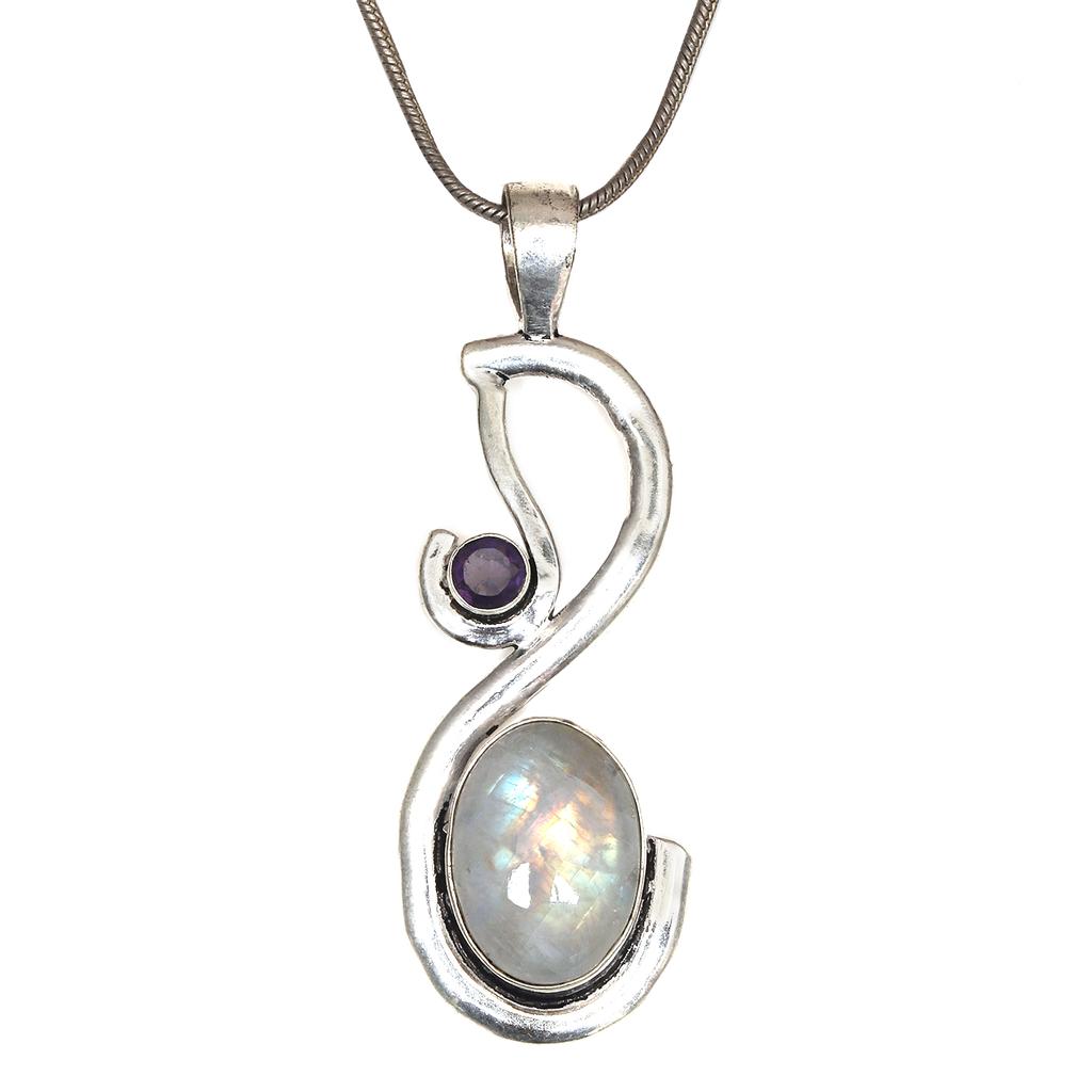 Silver Necklace Moonstone  Gifted Rainbow Jewelry Pendant Gemstone 18"