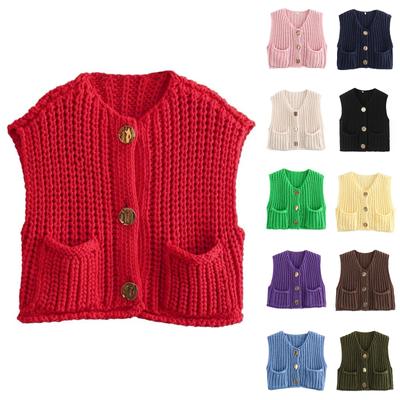 Women's Tops Pocket Sweater Cropped Knitted Sweater Cardigan Thickened Vest