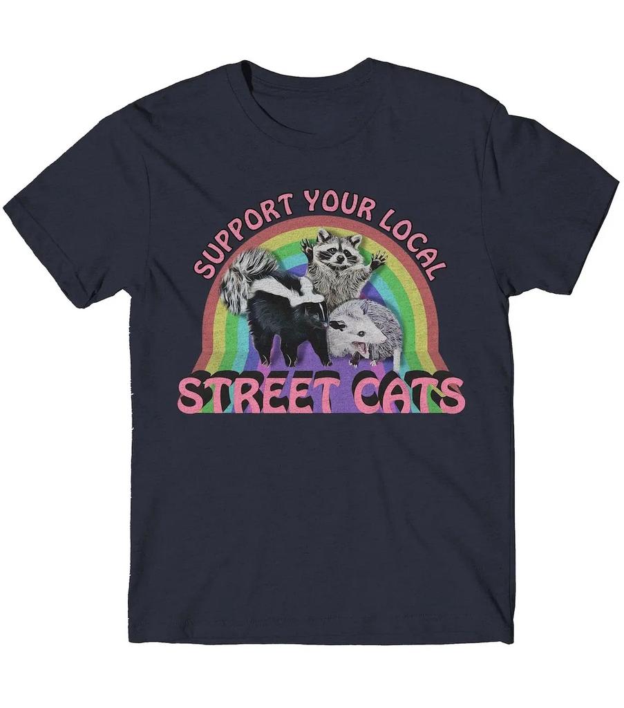 Support Your Local Street Cats T Shirt Funny Cute Possum Raccoon Skunk Retro Rainbow Adopt Graphic Tee Unisex Oneck Shortsleev