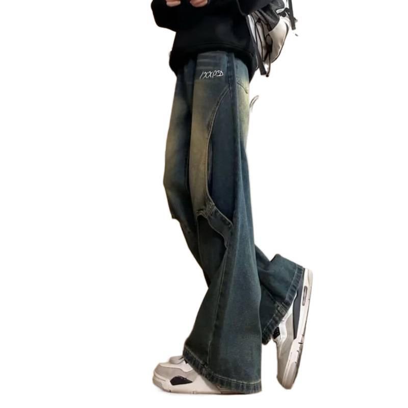 Trendy versatile ruffian handsome design deconstruction splicing jeans men's American high street straight loose wide-leg boys pants