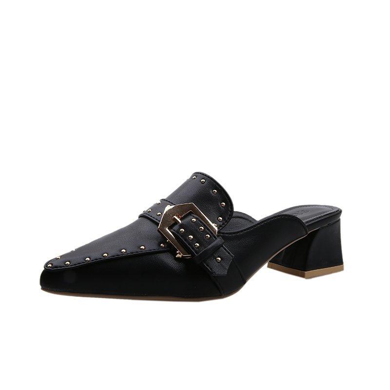 

New Retro Baotou Kitten Heel Half Slippers Fashion Pointed Toe Rivet Casual Outside Wear Women s Cool Drag 39