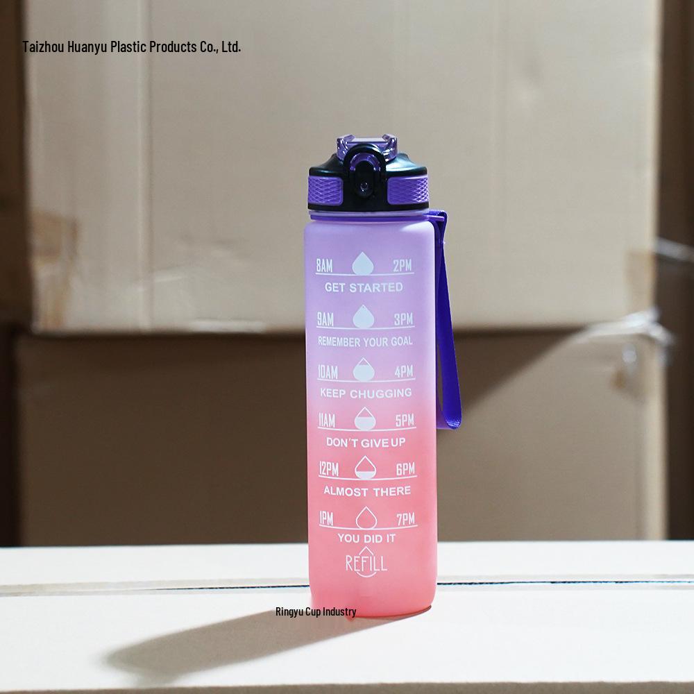 

1000ml Large Capacity Sports Water Bottle with Lanyard, Time Markings, and Straw 1000ml