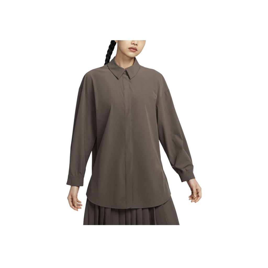 Nike Dri-Fit 24.7 Perfect Stretch Fashion Versatile Polo Long Sleeve Shirt Women Shirts Mineral-Grey Baroque-Brown HQ0237-004