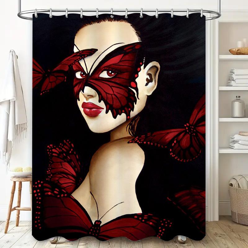 Red Butterfly Pattern Bath Shower Curtain Elegant Women'S Decoration For Bathroom Decorations Set Home Improvement Accessories (