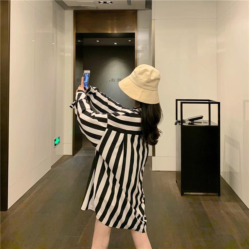 2023 Spring Korean Striped Women's Loose Long Sleeve Mid-length Shirt Jacket