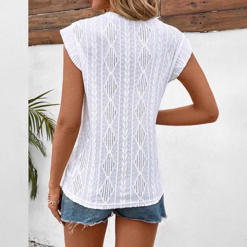 Ladies Summer Cap Sleeve O Neck Hollow Lace Solid Color Pullover T Shirt Top