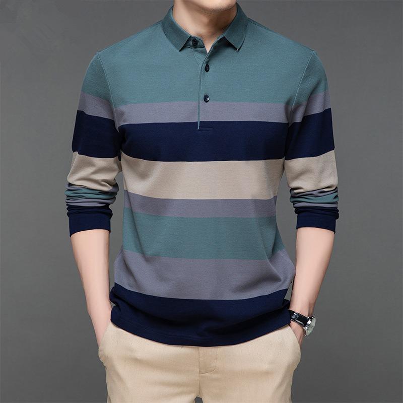 

Мужская полосатая рубашка-поло с длинными рукавами, летняя модная повседневная дышащая футболка-поло, мужской брендовый топ с вышивкой 3XL зелёный