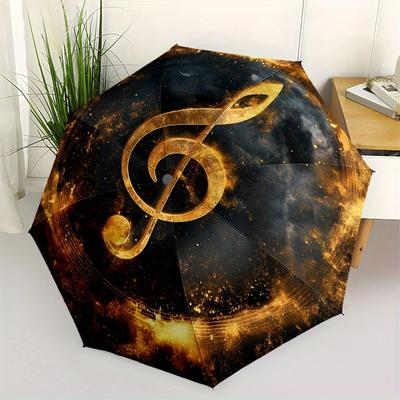 Golden Treble Clef Music Symbol Wall Art Decor Poster Umbrella Cute Umbrella with Cute Design, Portable 3 Fold Compact Umbrella for Men & Women,S363
