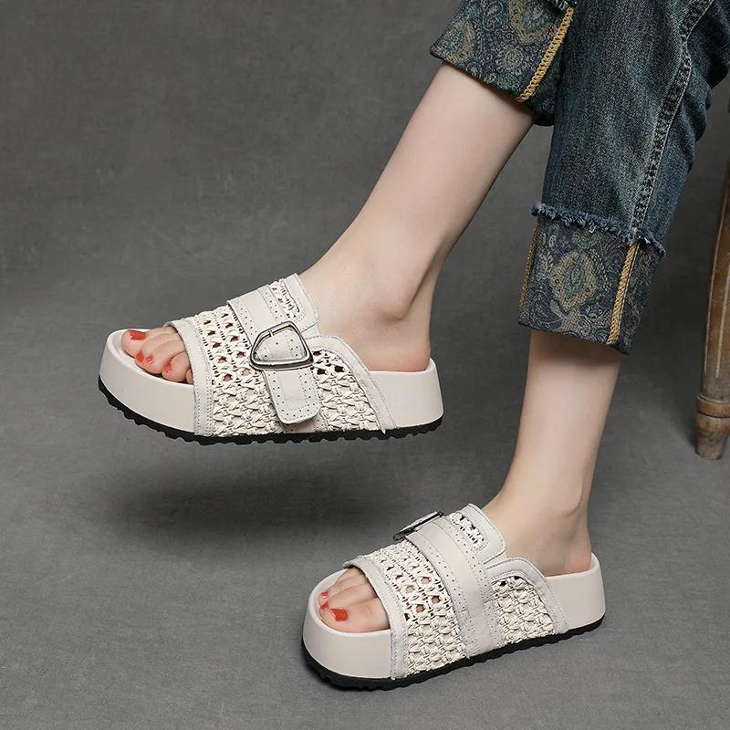 Fashion 5CM Weave Sheepskin Leather Shoes Hollow Mary Jane Loafer Slippers Platform Wedge Flats Peep Toe Women Breathable Sandals Summer