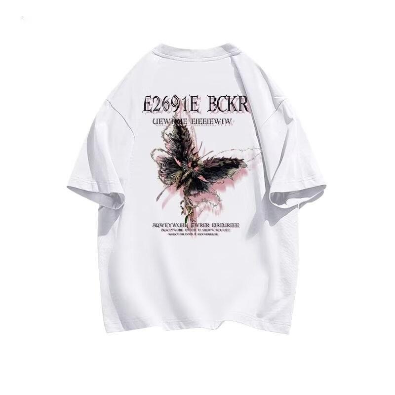 Unisex Retro Hong Kong Style Five-Sleeve White T-Shirt - Loose Summer Fit for Couples, Trendy Short-Sleeve Top