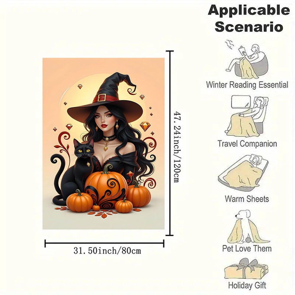 Halloween Witch with Black Cat and PumpkinsBlanket Flannel Throw Blanket for Sofa, Bed, Travel, Camping, Office, Couch, Chair