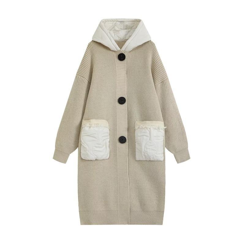 Womens Oversized Hooded Longline Knit Coat Winter 2026 Warm Cotton-Padded Casual Outerwear