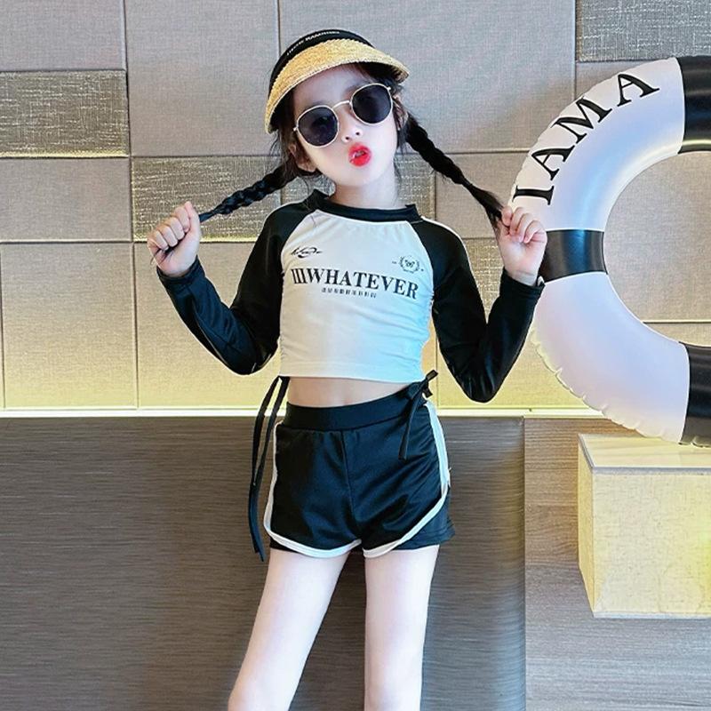 

Girls Swimwear Mid-Size Long-Sleeve Two-Piece Set—Polyester Color-Blocked Activewear for Sports Leisure and Hot Springs 2xl [recommended 27.5-32.5kg ] чёрный