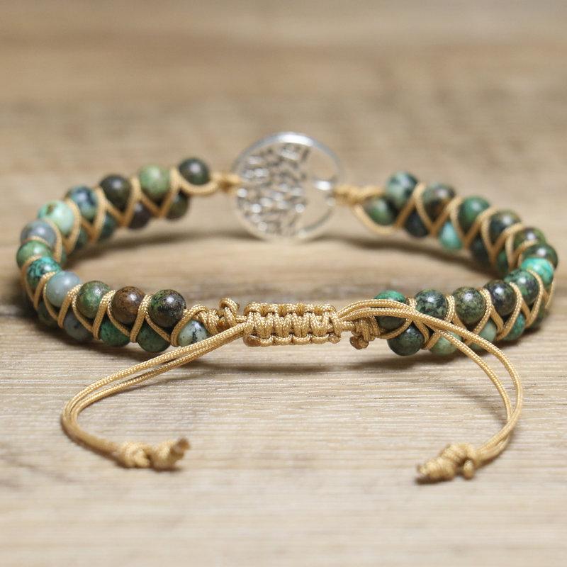 African Turquoise Tree of Life Bracelet – Handwoven Macramé Boho Jewelry, Grounding Growth Gift for Women