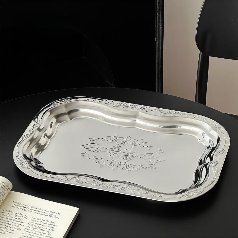 Elegant French Style Metal Tray Engraved Floral Pattern For Serving Snacks Fruits And Appetizers In Homes Or Restaurant