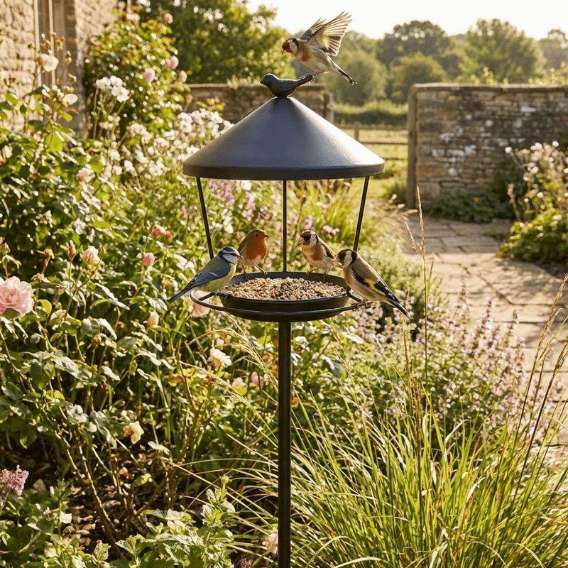 Weatherproof Standing Bird Feeder Spill Guard Large Capacity Wild Feeding Station Anti-Waste Iron Birdbath Stand Courtyard