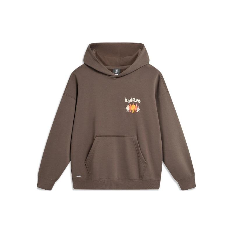 Li Ning Badfive Letter Hooded Pullover Fleece Sweatshirt Unisex Sweatshirt Charcoal-Brown AWDT879-5