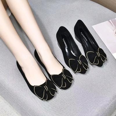 Scarpe da donna primavera nuovo piccolo vento fragrante fiocco piccole scarpe basse pelle di pecora nera strass punta rotonda