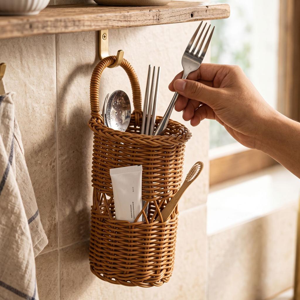 Handwoven Wall Hanging for Chopsticks, Cutlery, Toothbrush and Toothpaste, Kitchen and Bathroom Storage Holder