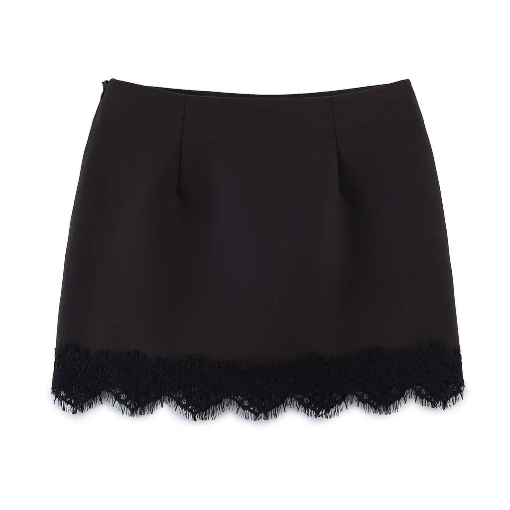 Jupe midi moulante rétro pour femme à taille haute et bordure en dentelle