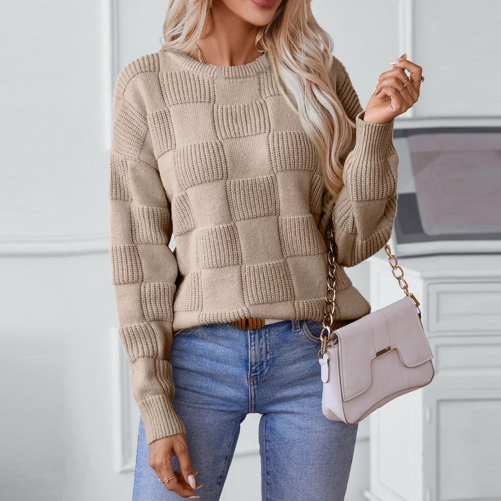 Pulover tricotat cu mâneci lungi, lejer, cu gât rotund, pentru femei