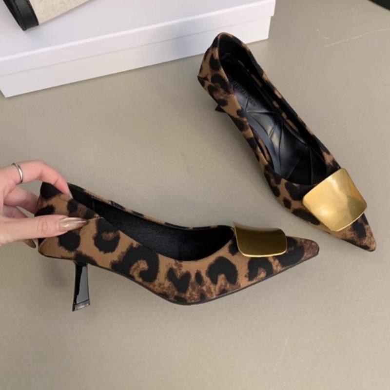 Fashion Autumn New Thin Heel Single Shoes Women's Fashion Pointed Shallow Mouth Suede Metal Buckle Non-slip High Heels